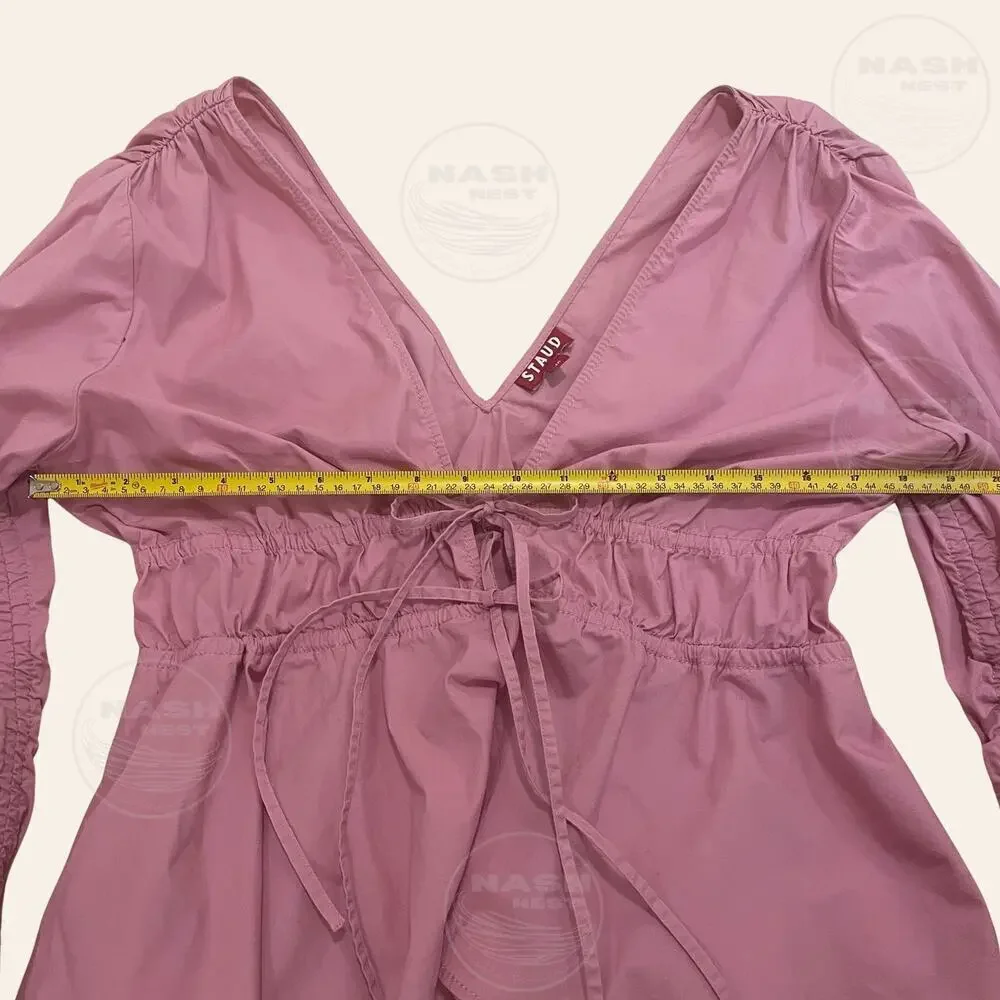 STAUD M Shelby Top Pink | Feminine Peplum, Bows Balloon Puff Cottage Blouse $275